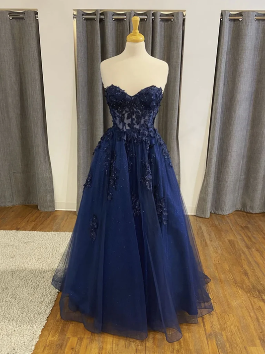 Navy Blue Tulle Sweetheart Long Prom Dress, A-line Tulle Formal Dress Y2674