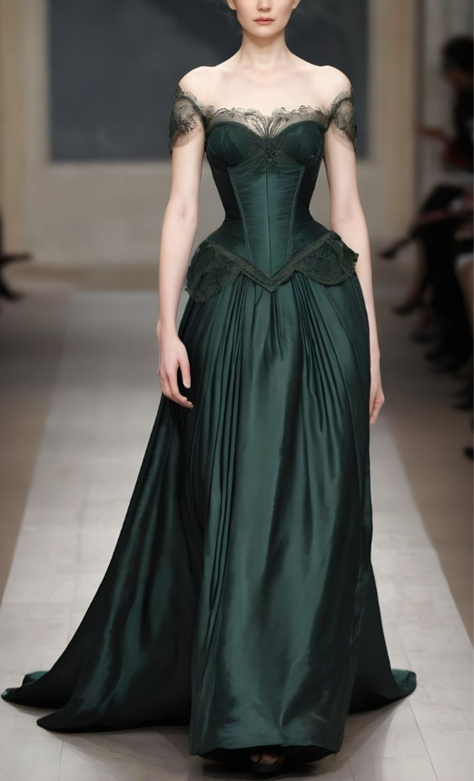 Vintage Green Off Shoulder Lace Satin Evening Dress Formal Prom Dress Y7810