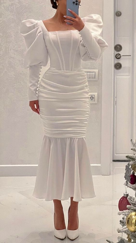 Vintage White Mermaid Prom Dress,White Reception Dress Y2077