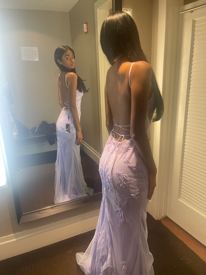 Light Purple Prom Dress Low Back Lace Dress  Y4061