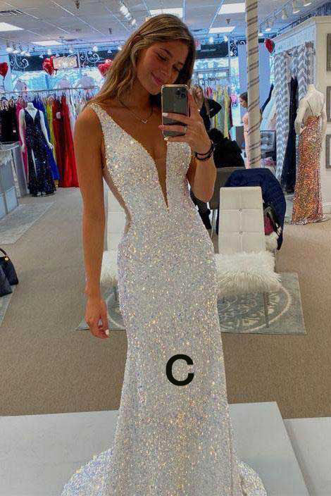 Sparkly Spaghetti Straps Mermaid White Sequin Prom Evening Dress Y8071