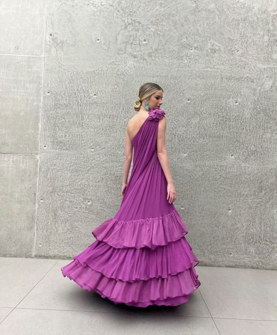 Chic Chiffon Vacation Dresses One Shoulder Custom Made Layered Ruffles Women Long Maxi Party Dress For Wedding Prom Dress Y4746