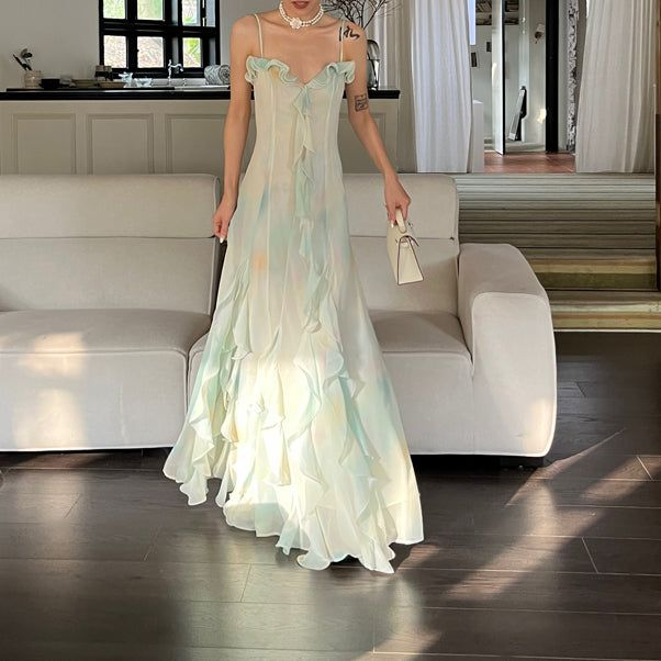 Beautiful Green Chiffon Layered Ruffle Prom Dress Straps Evening Gown Y7897