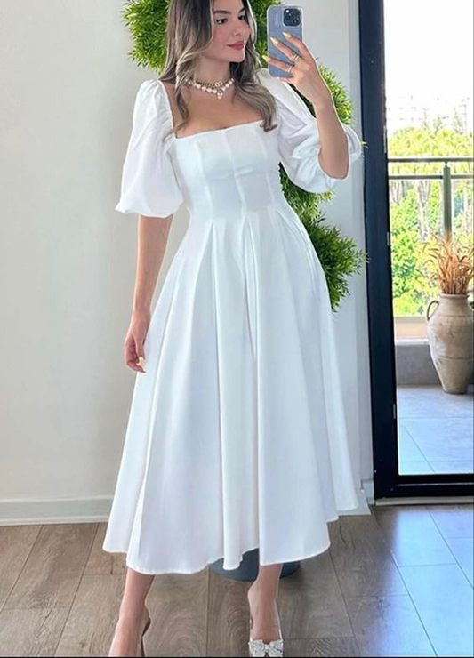 Retro Style White Square Neckline A-line Prom Dress Y6867