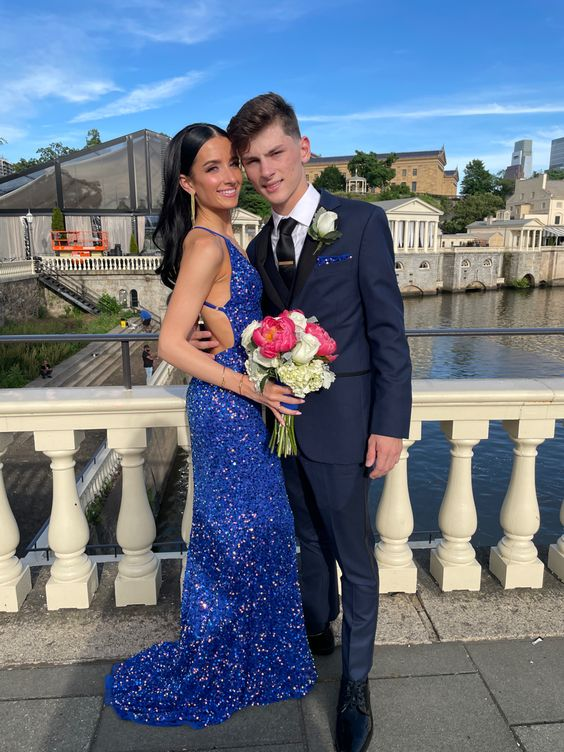 Royal Blue Sequin Mermaid Prom Dresses Evening Party Formal Gowns Y4346