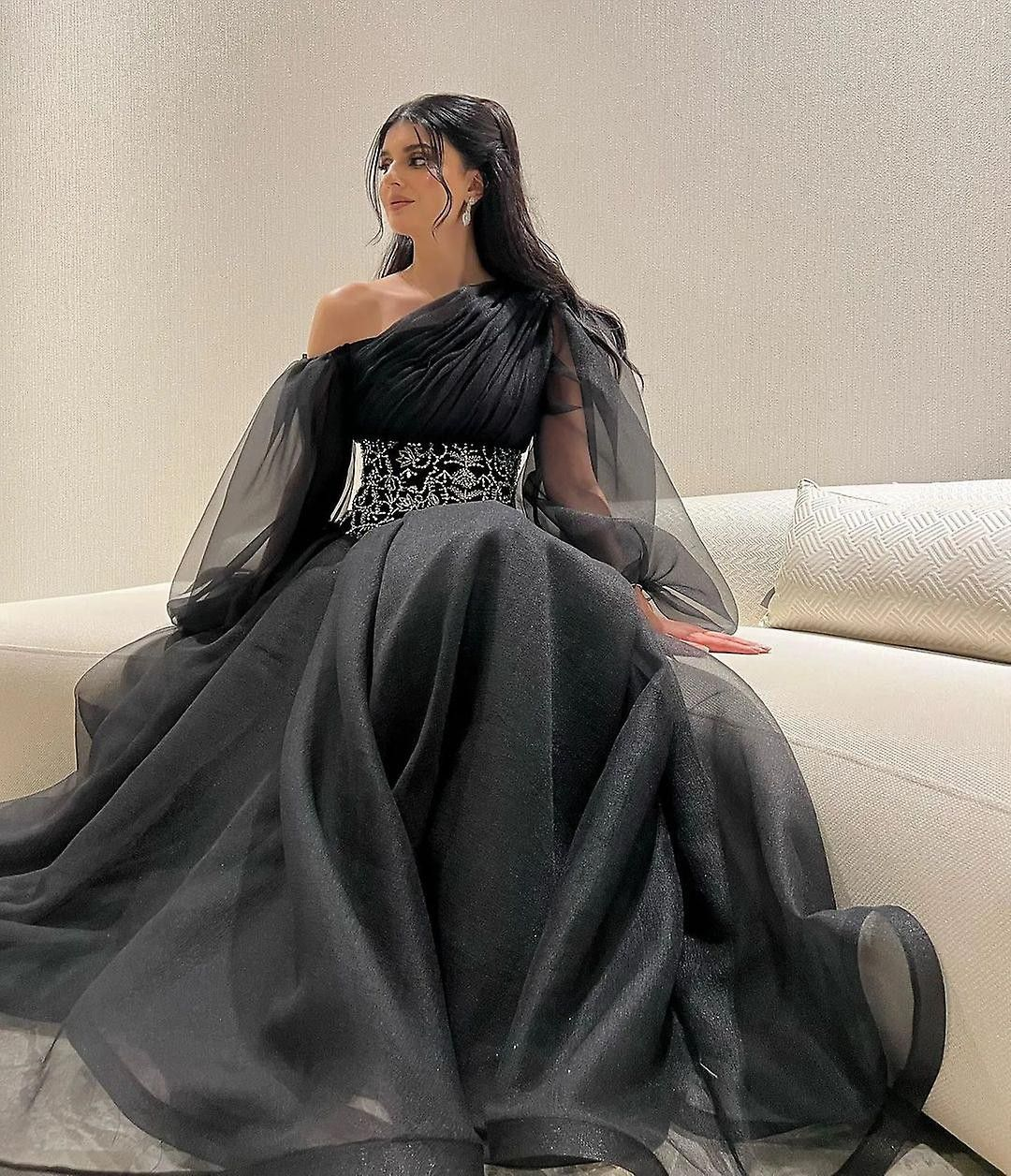 Black Irregular Neckline Tulle Long Prom Dress,Black Glam Dress Y4616