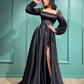 Black High Split Satin Evening Dress Square Collar Puff Long Sleeves Y7093