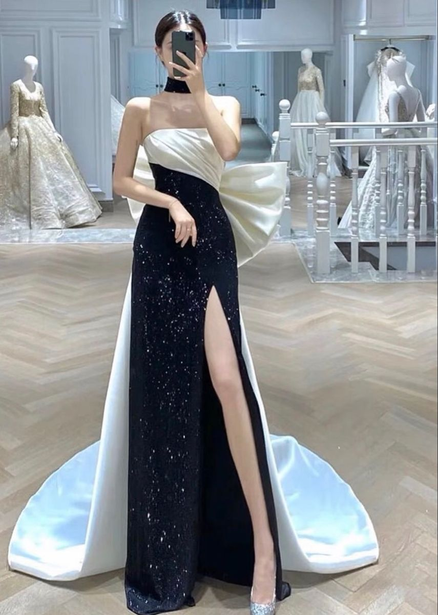 Hot selling contrasting color design black and white elegant ladies mermaid tail long skirt evening dress  Y4553