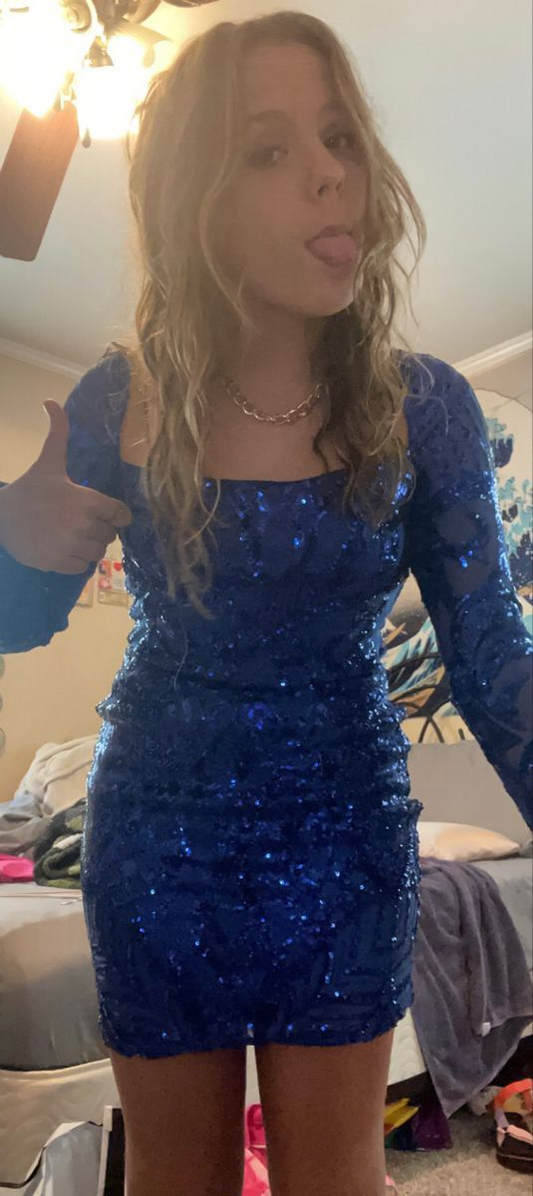 Sequin Long Sleeve Bodycon Dress,Sexy Blue Homecoming Dress Y6269
