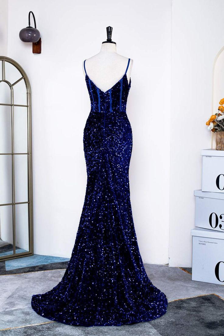 Royal Blue Sequins Spaghetti Straps Mermaid Long Prom Dress Y5734