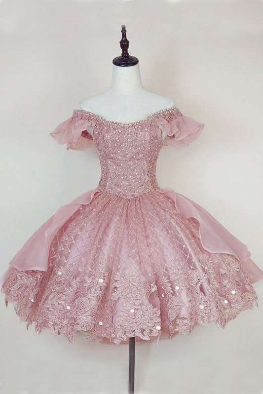 Princess Pink Lace Applique Short Homecoming Dress ,Y2502