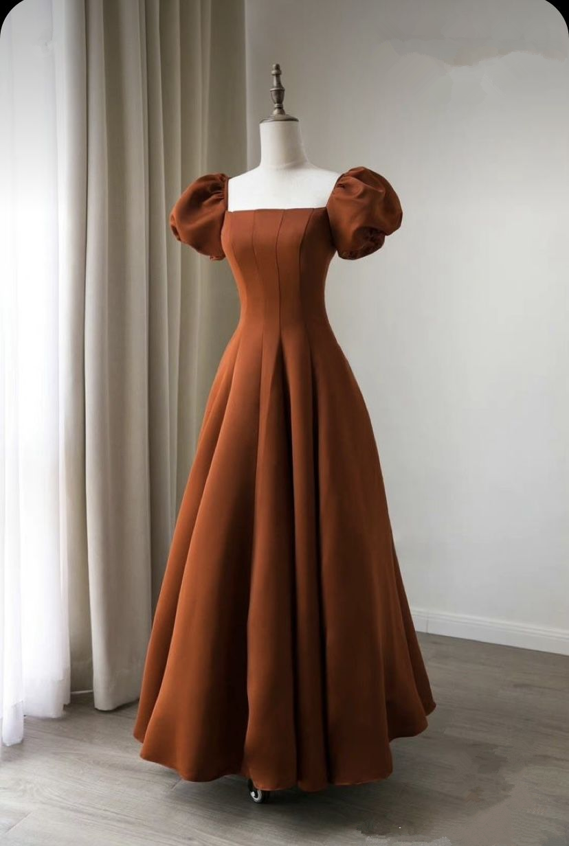 Coffee satin prom dress long Short puffy sleeve ball gown Square neck Fairy formal dress  Y4962
