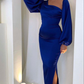 Blue Long Sleeve Evening Dresses Sexy Satin Mermaid Slit Evening Gowns Y4902