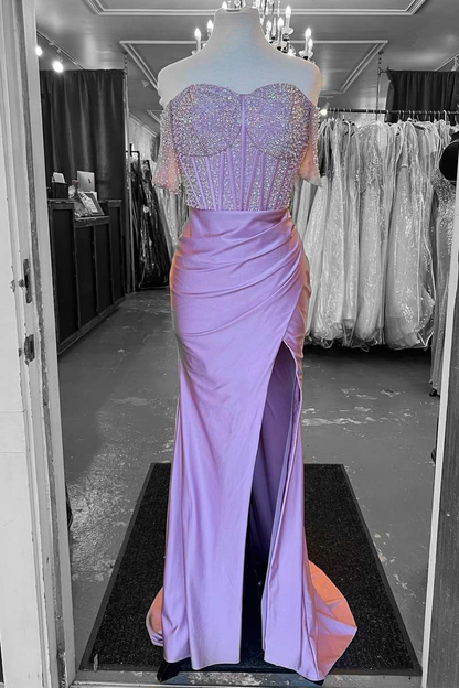 Lilac Beaded Off-the-Shoulder Long Formal Dress with Slit Y4278