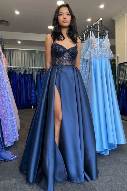 Navy Satin Lace V-Neck A-Line Long Prom Dress with Slit Y6220