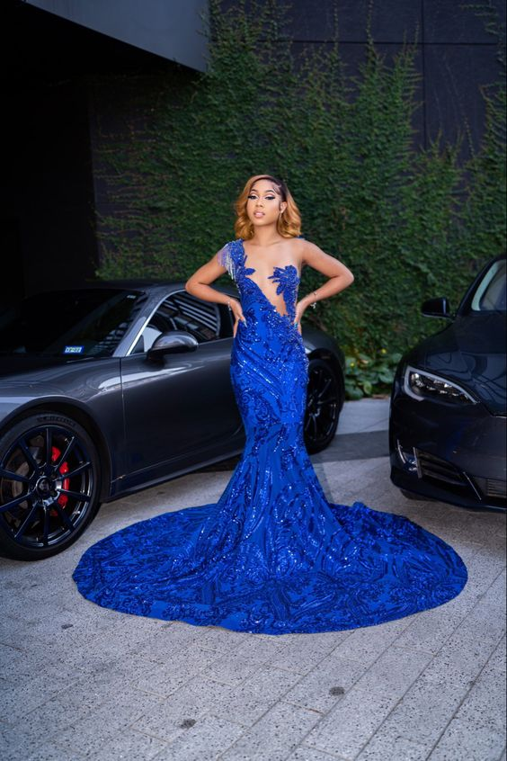 Sparkly Royal Blue Mermaid Long Prom Dress With Train Sexy Evening Dresses Y4122