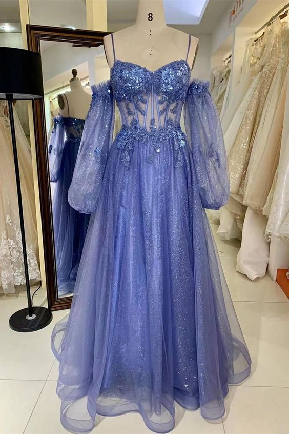 Lavender Off-the-Shoulder Sequins Applique Boning Long Prom Dress Y4915