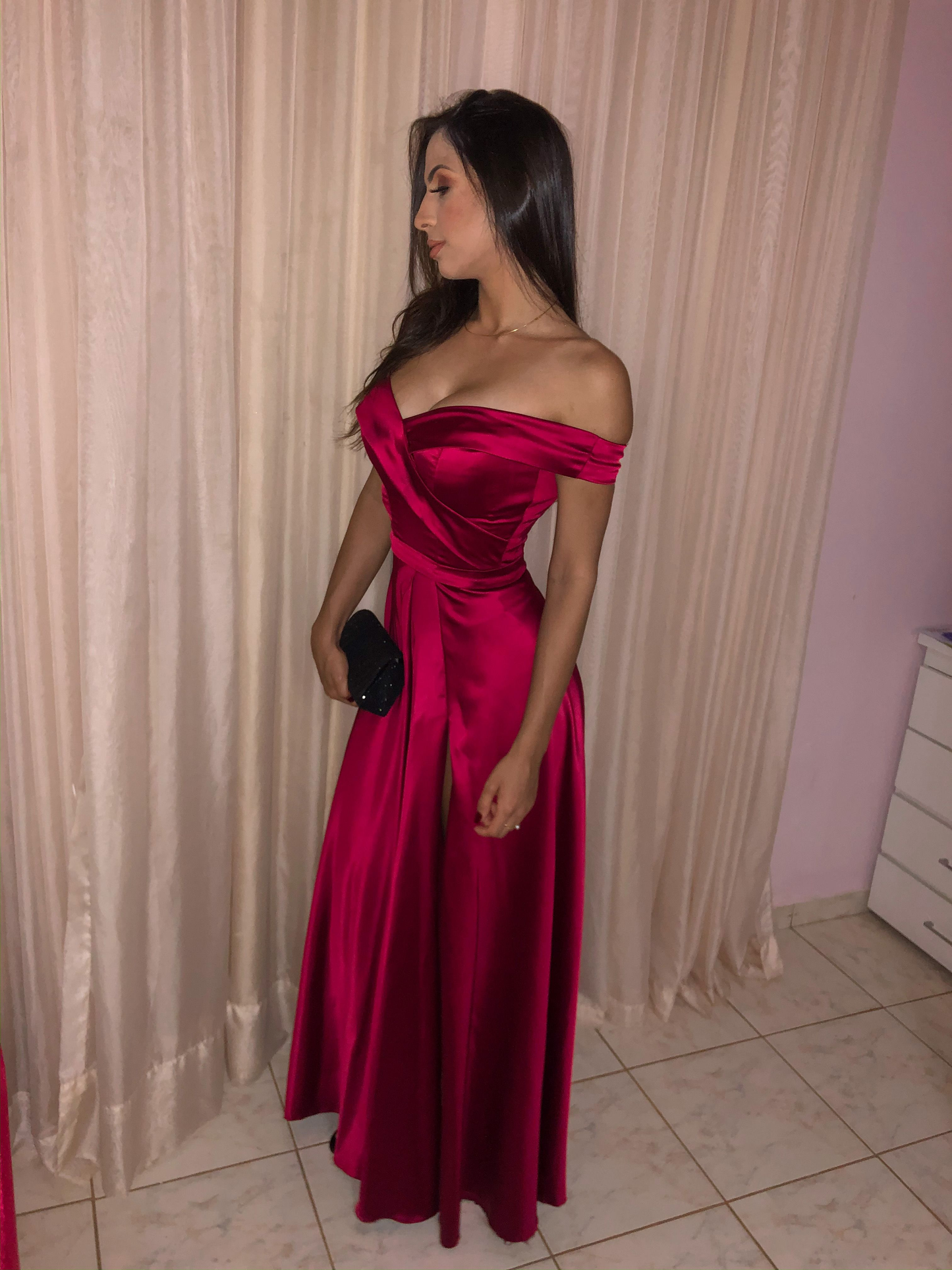 Satin Off Shoulder Long Evening Prom Dresses, Custom Side Slit Prom Dress Y4660