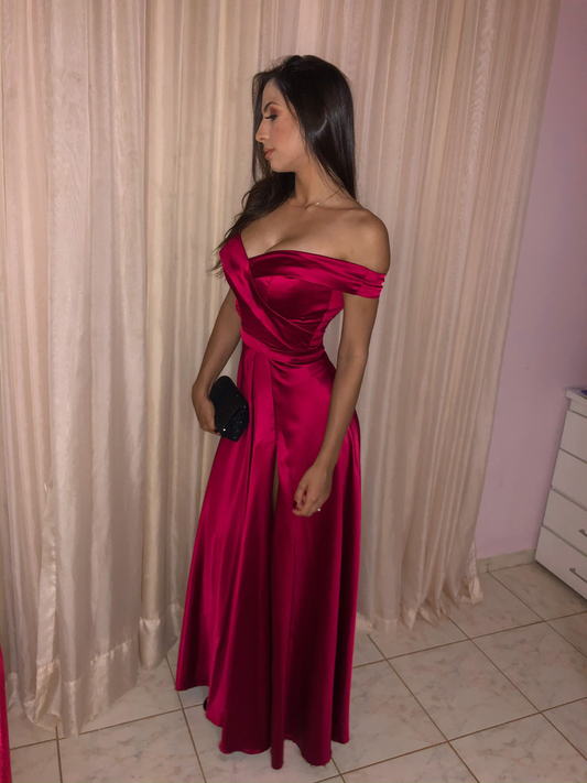 Satin Off Shoulder Long Evening Prom Dresses, Custom Side Slit Prom Dress Y4660