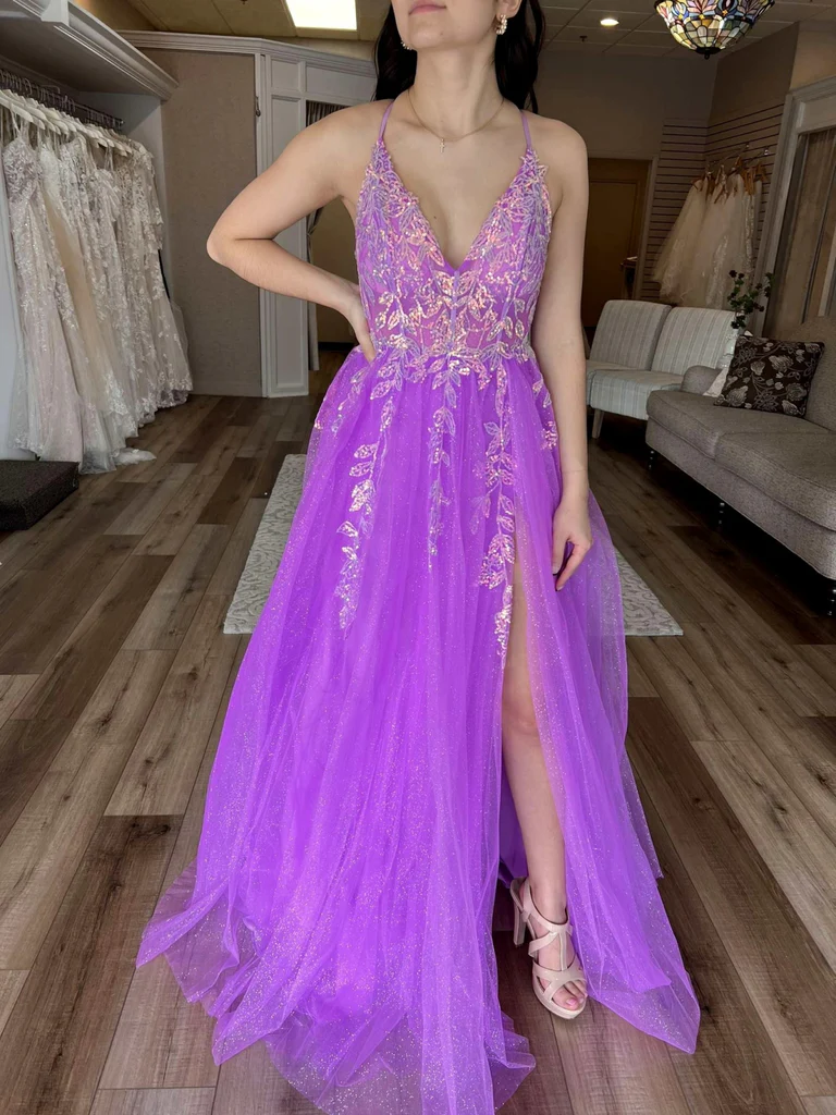 Purple V Neck Tulle Lace Appliques Long Prom Dress, High Slit Evening Dress Y7847