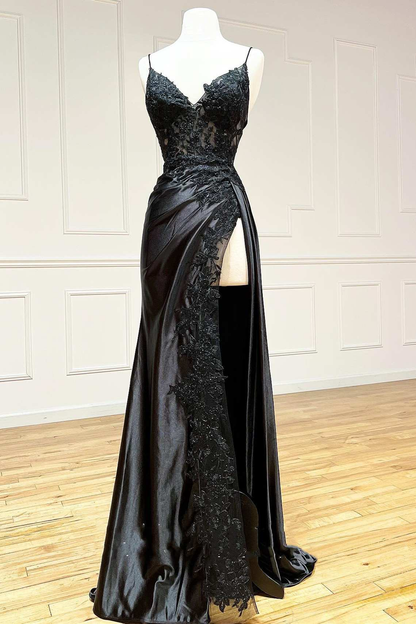 Black Floral Lace V-Neck Long Prom Dress with Slit Y2618