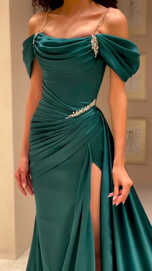 Off-the-Shoulder Mermaid Evening Dress High Split Long With Pleats Beads Y5904