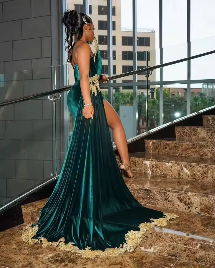 Sexy Green Velvet Prom Evening Dress,Gold Applique Beaded Slit Black Girl Birthday Gown Y8122