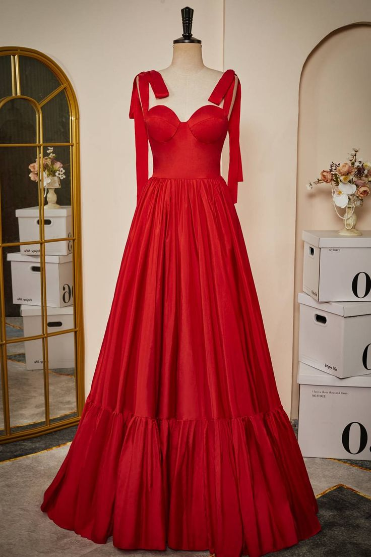 Tie Straps Red Corset A-Line Long Prom Dress Y4956
