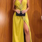 Yellow Spaghetti Straps Sexy Deep V-neck Long A-line Prom Dress Y5317