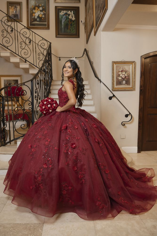 Luxurious Burgundy 3D Flowers Ball Gown,Sweet 16 Dress,Quinceanera Dress Y5320