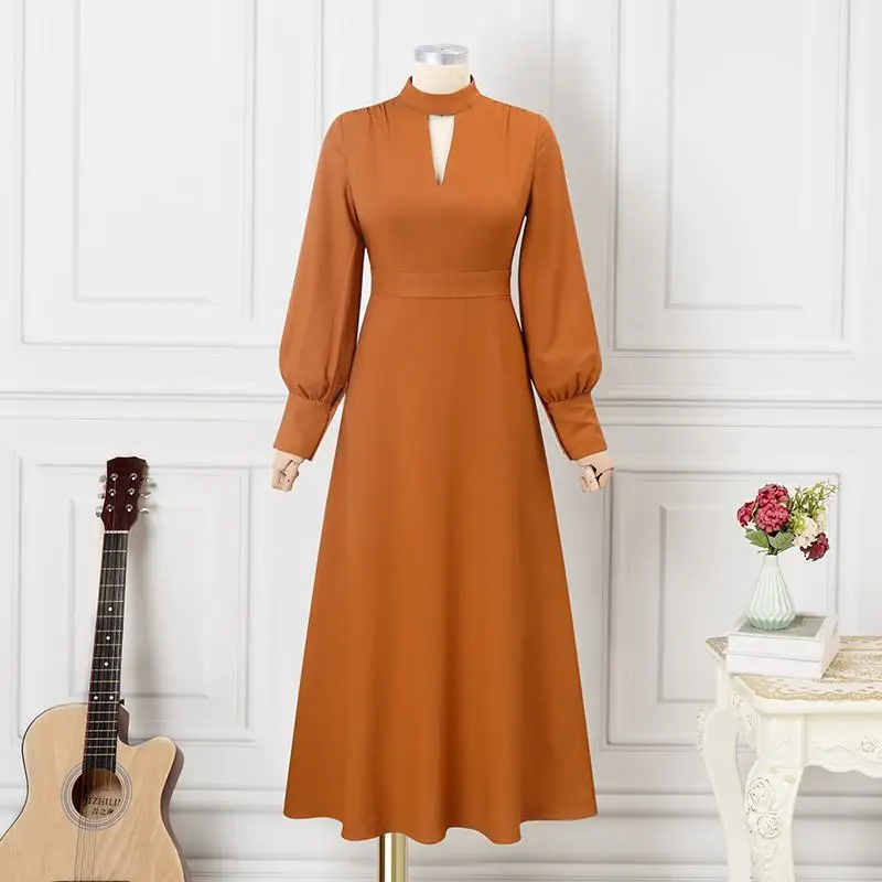 Vintage Long Puff Sleeve Dress Autumn Fashion Stand Collar Button Prom Dress Y4948