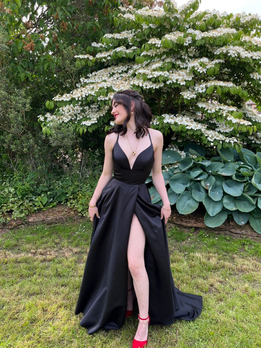 Sexy Black V Neck A-line Prom Dress,Black Senior Prom Gown Y6118