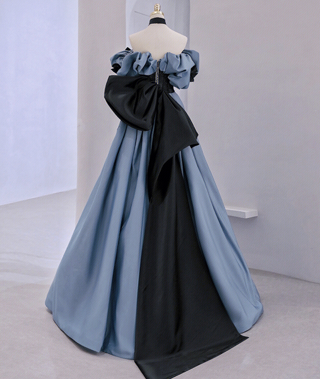 Off Shoulder Satin Lace Long Prom Dress, Blue Evening Dress Y2619