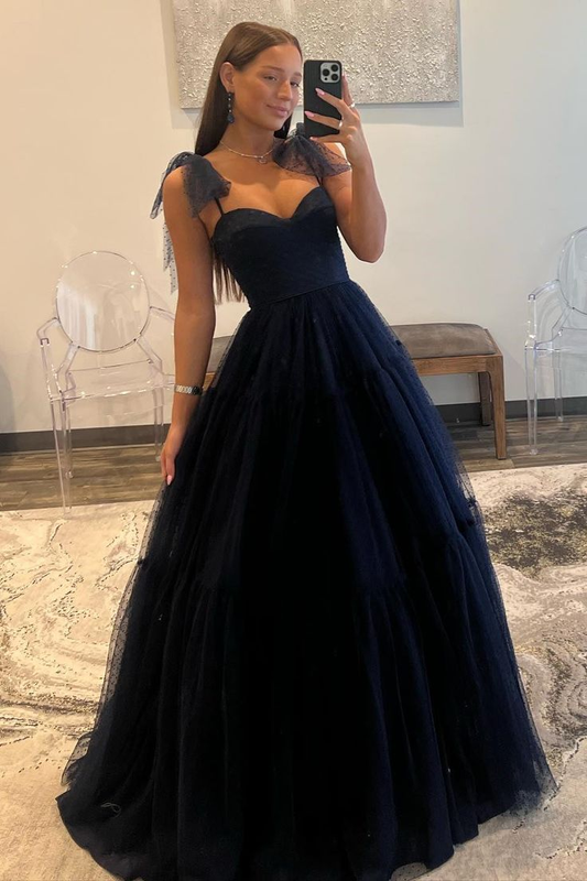 Dark Navy Bow Tie Shoulder Dot Tulle A-line Long Prom Dress Y4892