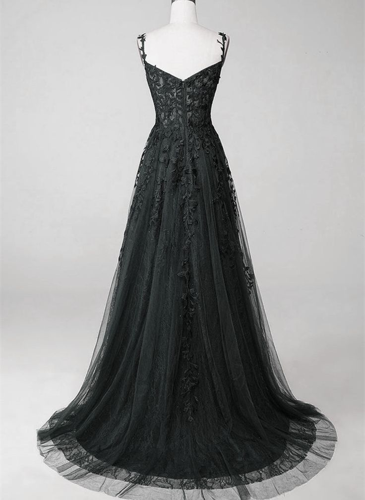 Black Tulle With Lace Straps A-line Prom Dress, Black Long Party Dress Y6139