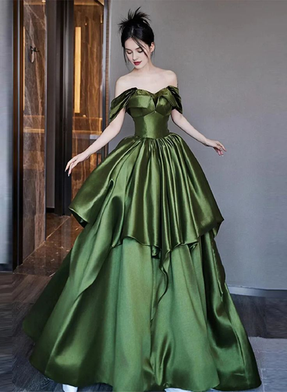 Beautiful Ruched Layered Formal Prom Dress A Line Green Satin Long Ball Gown Evening Dress Y7995