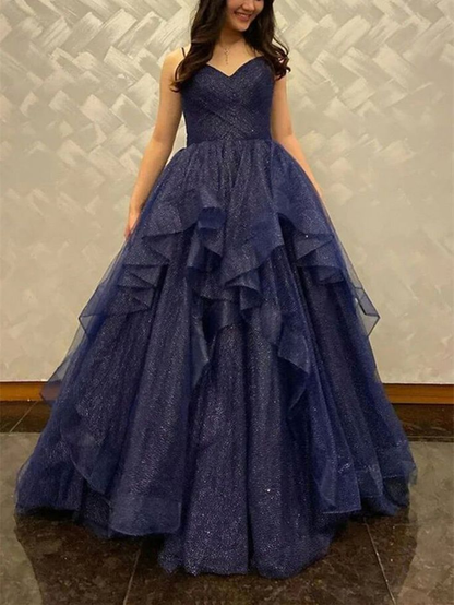Shiny V Neck Navy Blue Tulle Long Prom Dress, Navy Blue Formal Evening Dresses Long Y4895