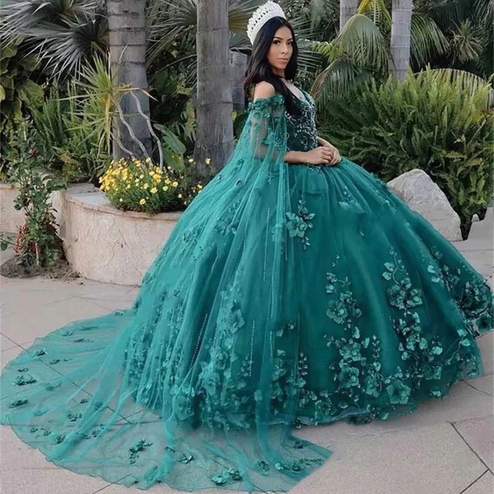 Princess Quinceanera Dress Off Shoulder Sweetheart Beading With 3D Flowers Ball Gown Cloak Tulle Robe De Soirée Y4334