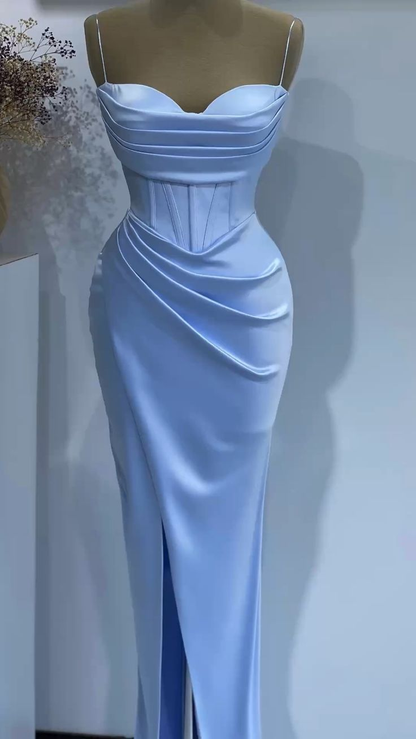 Blue Mermaid Long Evening Dresses Satin Spaghetti Strap Pleated Prom Gowns Women Wedding Party Gown Y4563