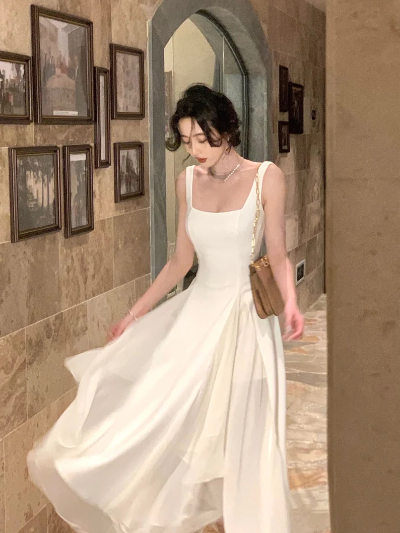 Elegant Ruffles White Midi Dresses Summer New Evening Dress  Y4454