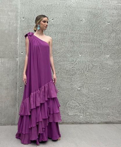 Chic Chiffon Vacation Dresses One Shoulder Custom Made Layered Ruffles Women Long Maxi Party Dress For Wedding Prom Dress Y4746