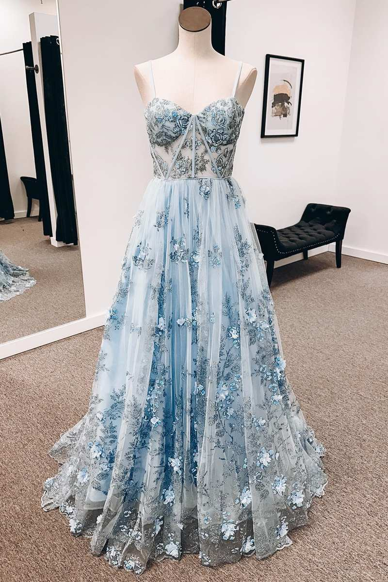 Blue 3D Floral Lace Sweetheart A-Line Long Prom Dress Y3099