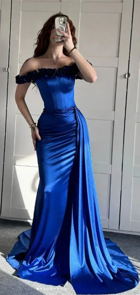 Blue Off The Shoulder Mermaid Evening Dress Formal Prom Dress Y7842