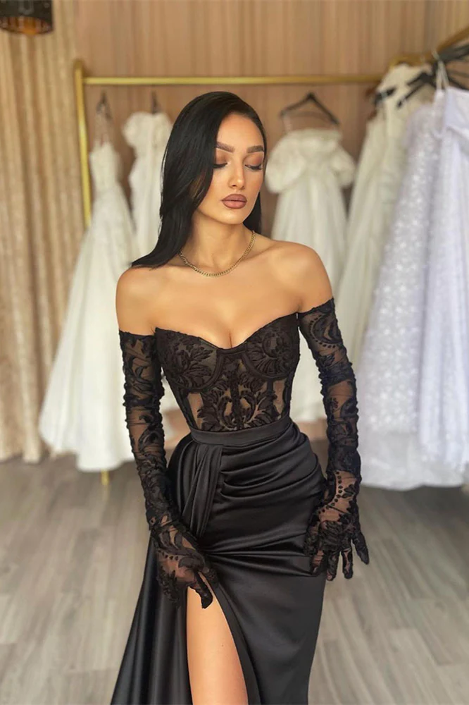 Elegant Long Black Off-the-shoulder Lace Mermaid Long Sleeves Prom Dress With Slit Y4328