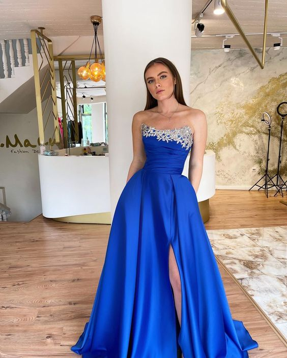 Royal Blue A-line High Slit Prom Dress,Royal Blue Evening Dress Y6221