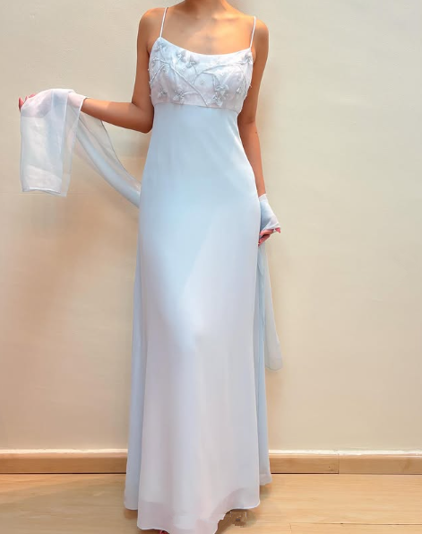 Elegant Pastel Blue Straps Chiffon Appliques Beaded Prom Evening Dress Y8142