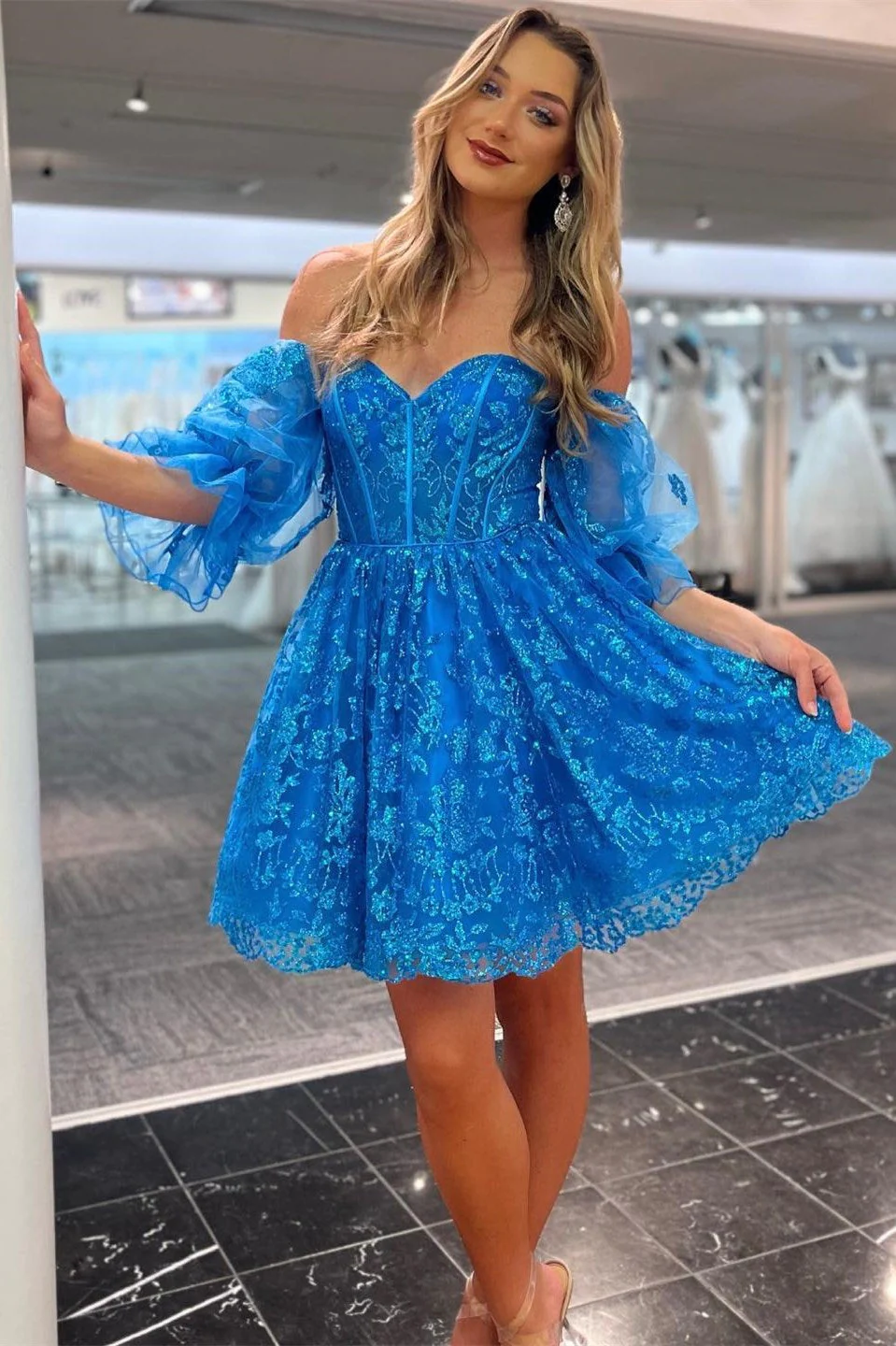 Blue Off-the-Shoulder Puff Sleeves A-line Applique Homecoming Dress Y2903