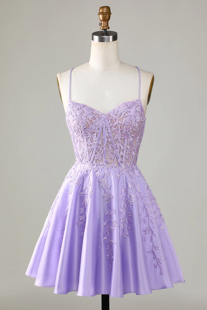 Purple Corset A-Line Satin Short Homecoming Dress With Lace Y3066