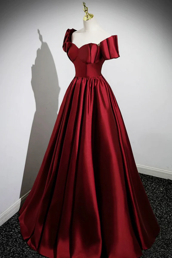 A Line Burgundy Satin Floor Length Prom Dress, Off the Shoulder New Prom Gown Y6076