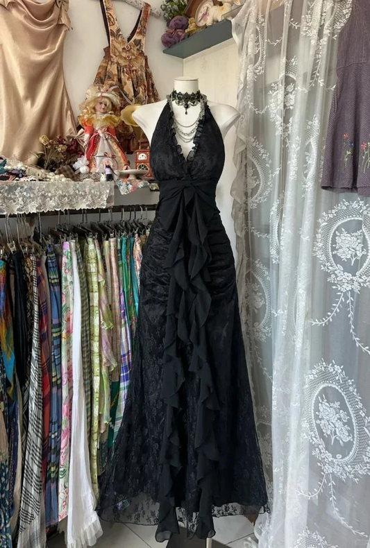 Vintage V Neck Black Chiffon Lace Evening Dress Long Prom Dress Y7813